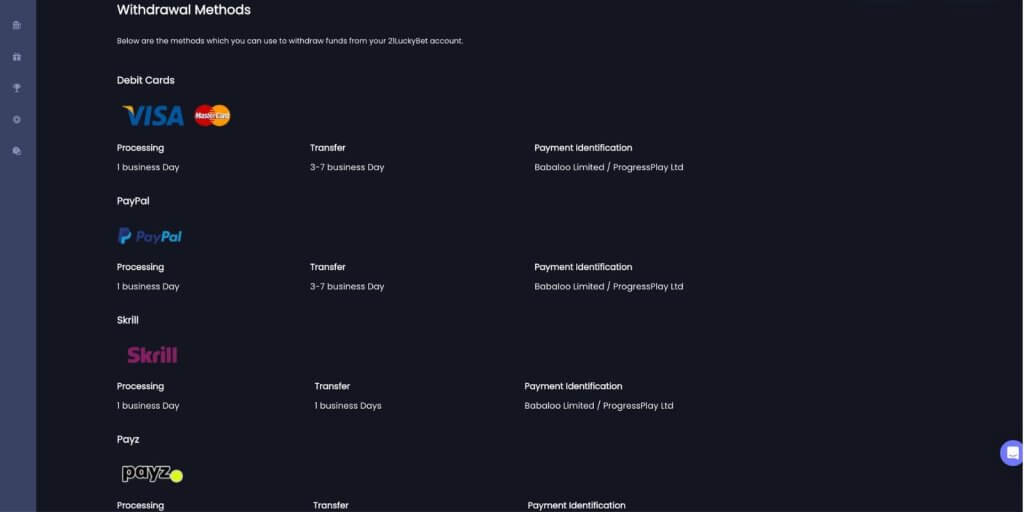 21luckybet casino withdrawal methods