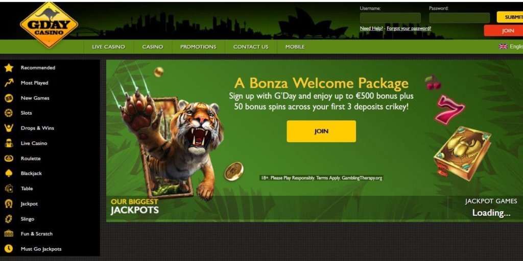 GDay Casino welcome