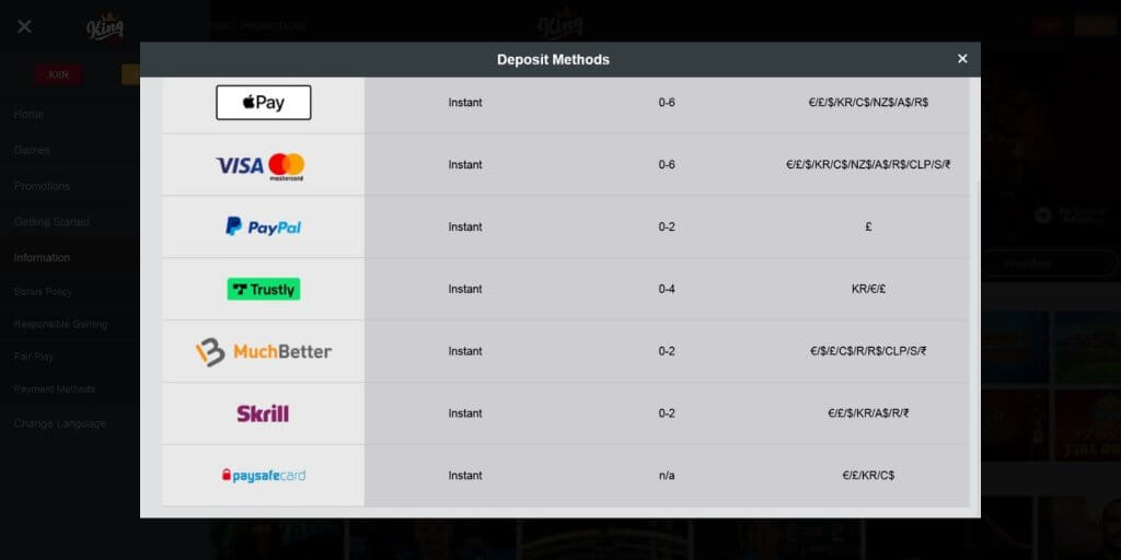 king casino deposit methods